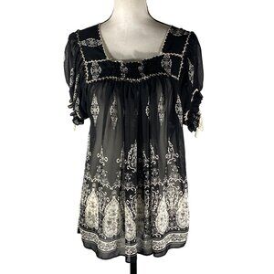 Y2K Womens Sheer Peasant Blouse top puff sleeve square neck baby doll Bohemian M